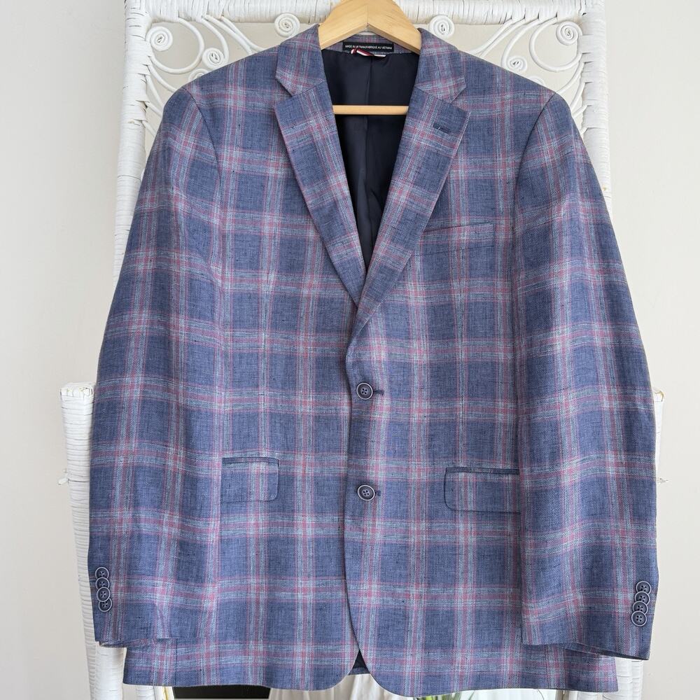 Tommy Hilfiger Sport Coat Men 40R Blue Red Windowpane Linen Blazer Dinner Jacket